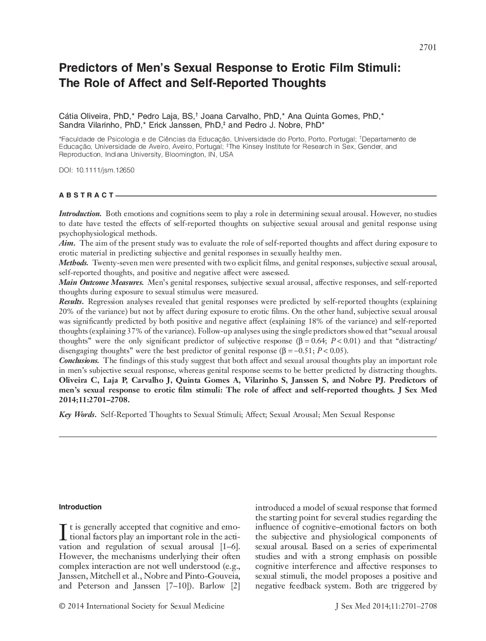 Predictors of Men's Sexual Response to Erotic Film Stimuli: The Role of Affect and Self‐Reported Thoughts 