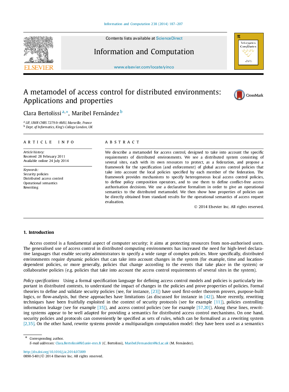 عکس صفحه اول مقاله: A metamodel of access control for distributed environments: Applications and properties A metamodel of access control for distributed environments: Applications and properties