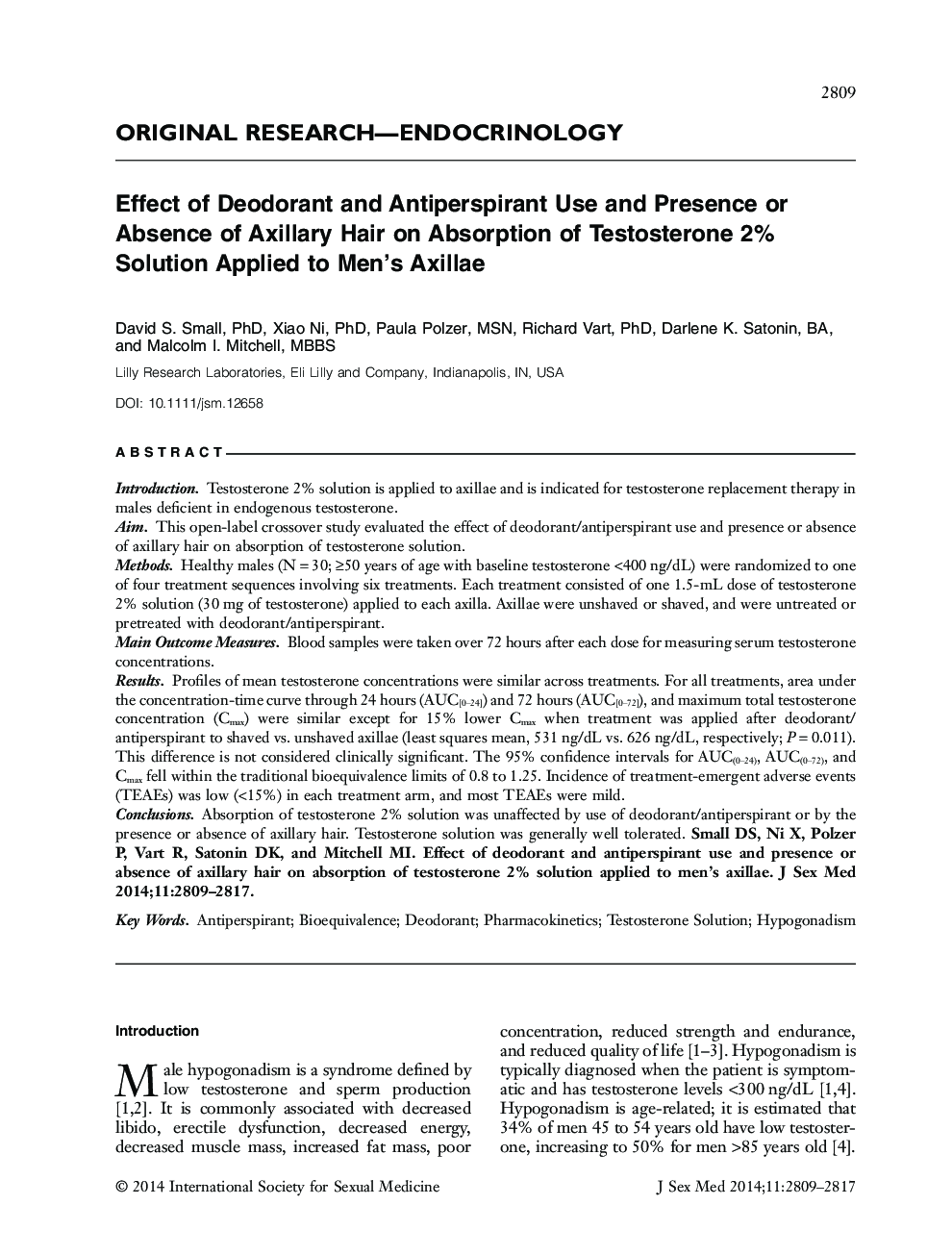 Effect of Deodorant and Antiperspirant Use and Presence or Absence of Axillary Hair on Absorption of Testosterone 2% Solution Applied to Men's Axillae 