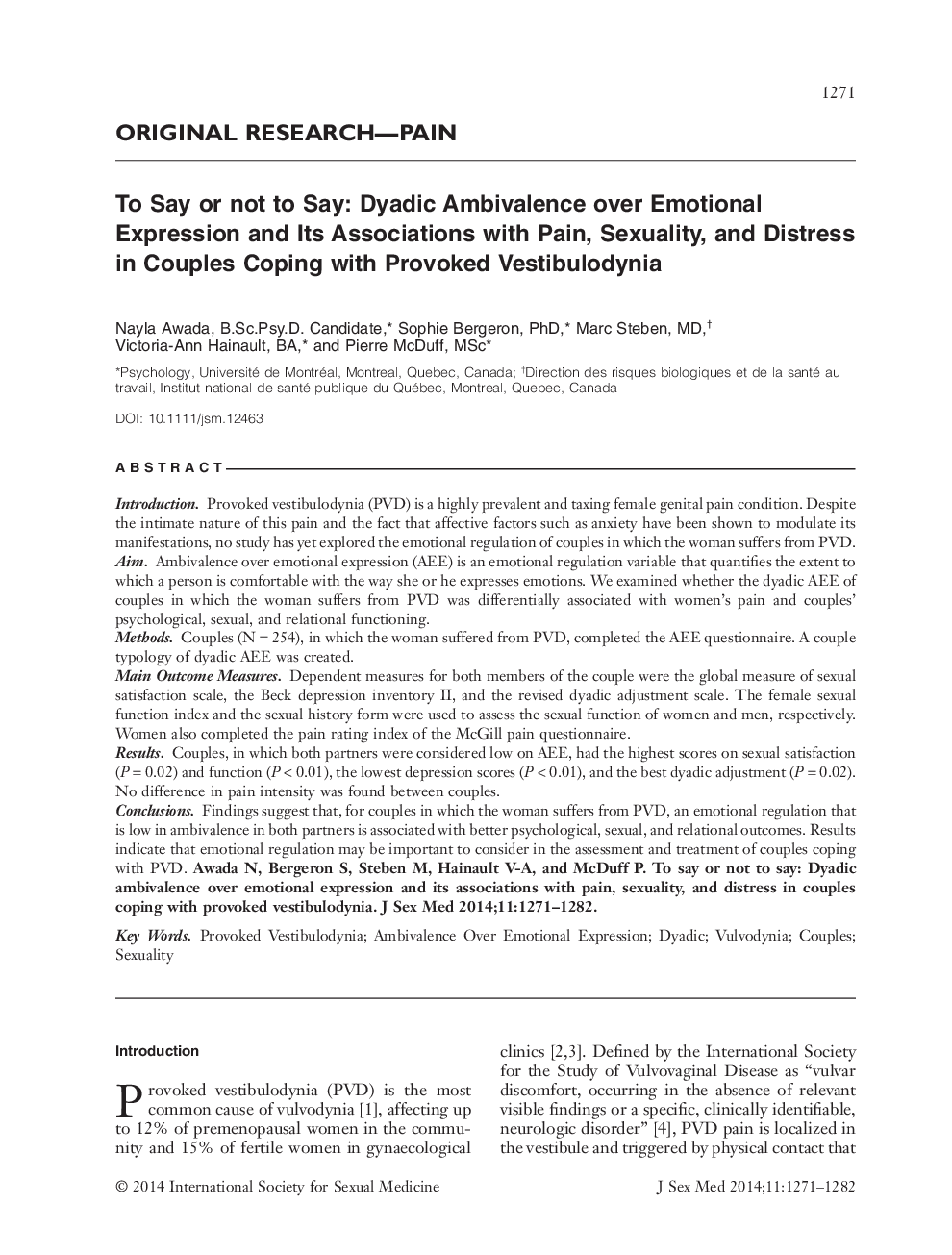 To Say or not to Say: Dyadic Ambivalence over Emotional Expression and Its Associations with Pain, Sexuality, and Distress in Couples Coping with Provoked Vestibulodynia 