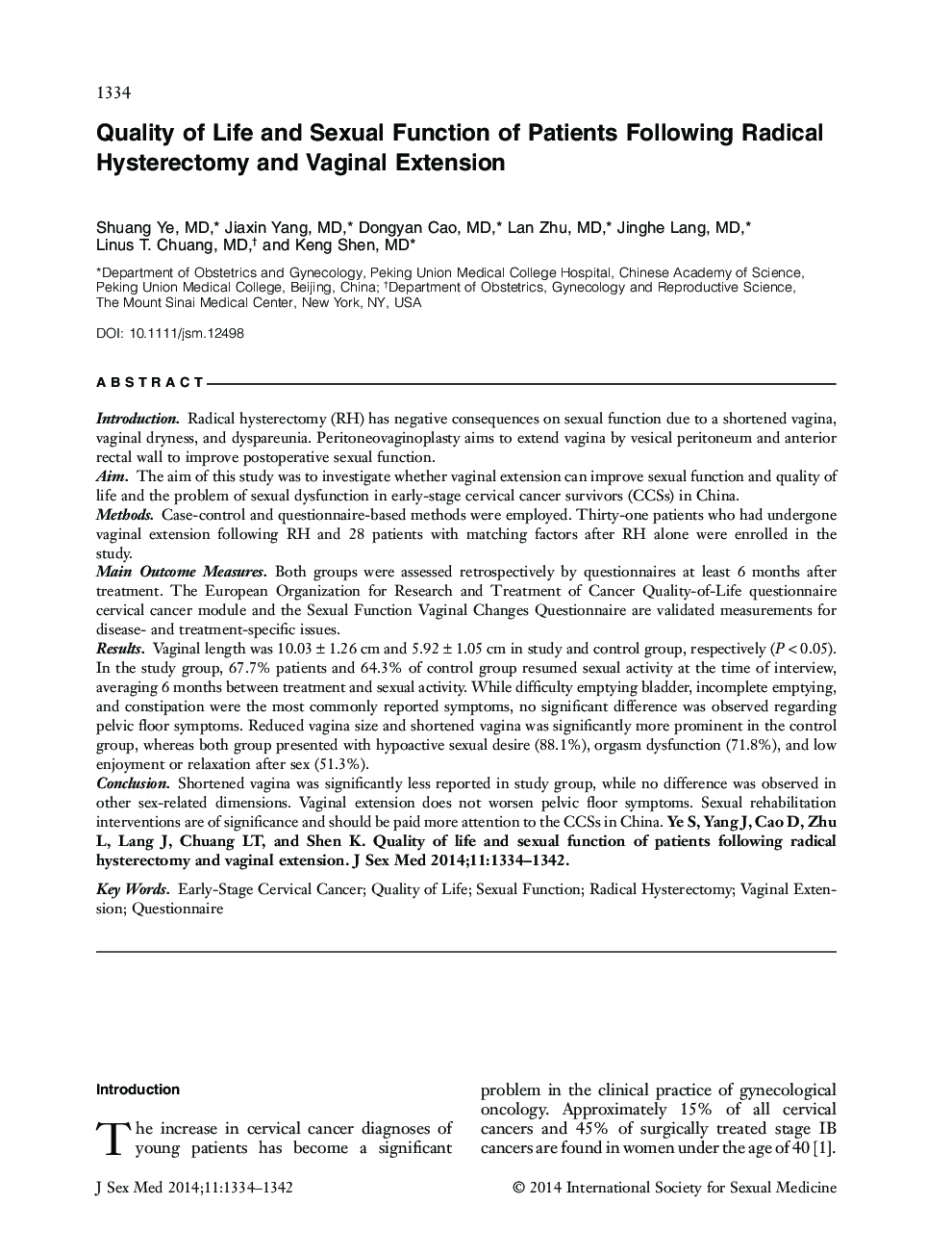 Quality of Life and Sexual Function of Patients Following Radical Hysterectomy and Vaginal Extension 