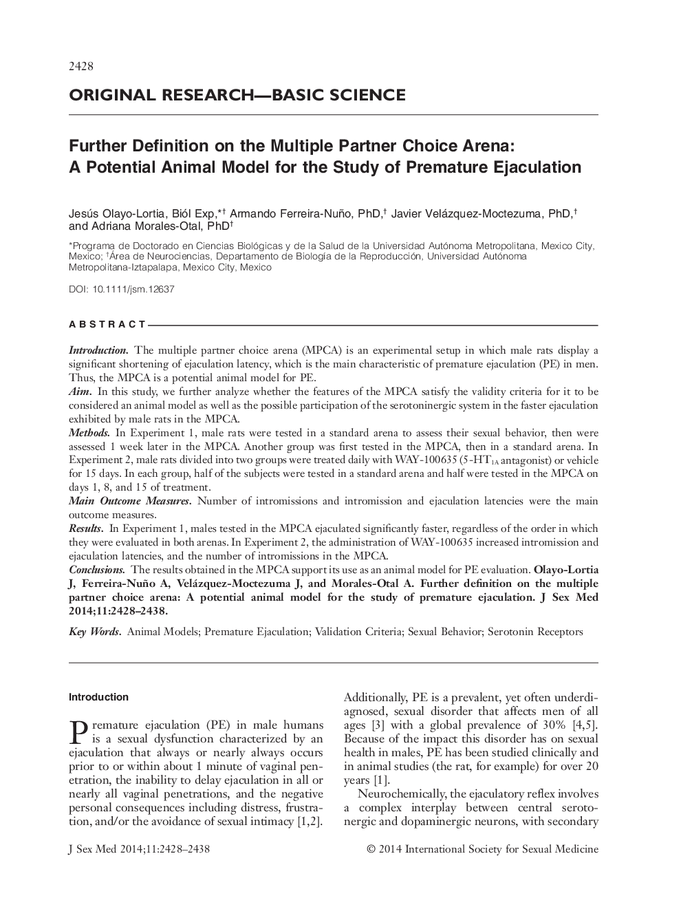 Further Definition on the Multiple Partner Choice Arena: A Potential Animal Model for the Study of Premature Ejaculation