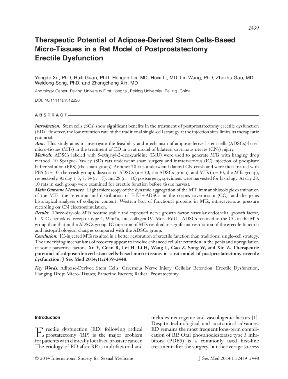 Therapeutic Potential of Adipose‐Derived Stem Cells‐Based Micro‐Tissues in a Rat Model of Postprostatectomy Erectile Dysfunction