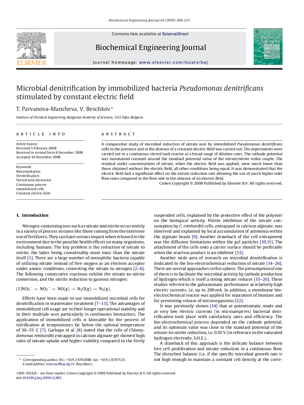 Microbial denitrification by immobilized bacteria Pseudomonas denitrificans stimulated by constant electric field