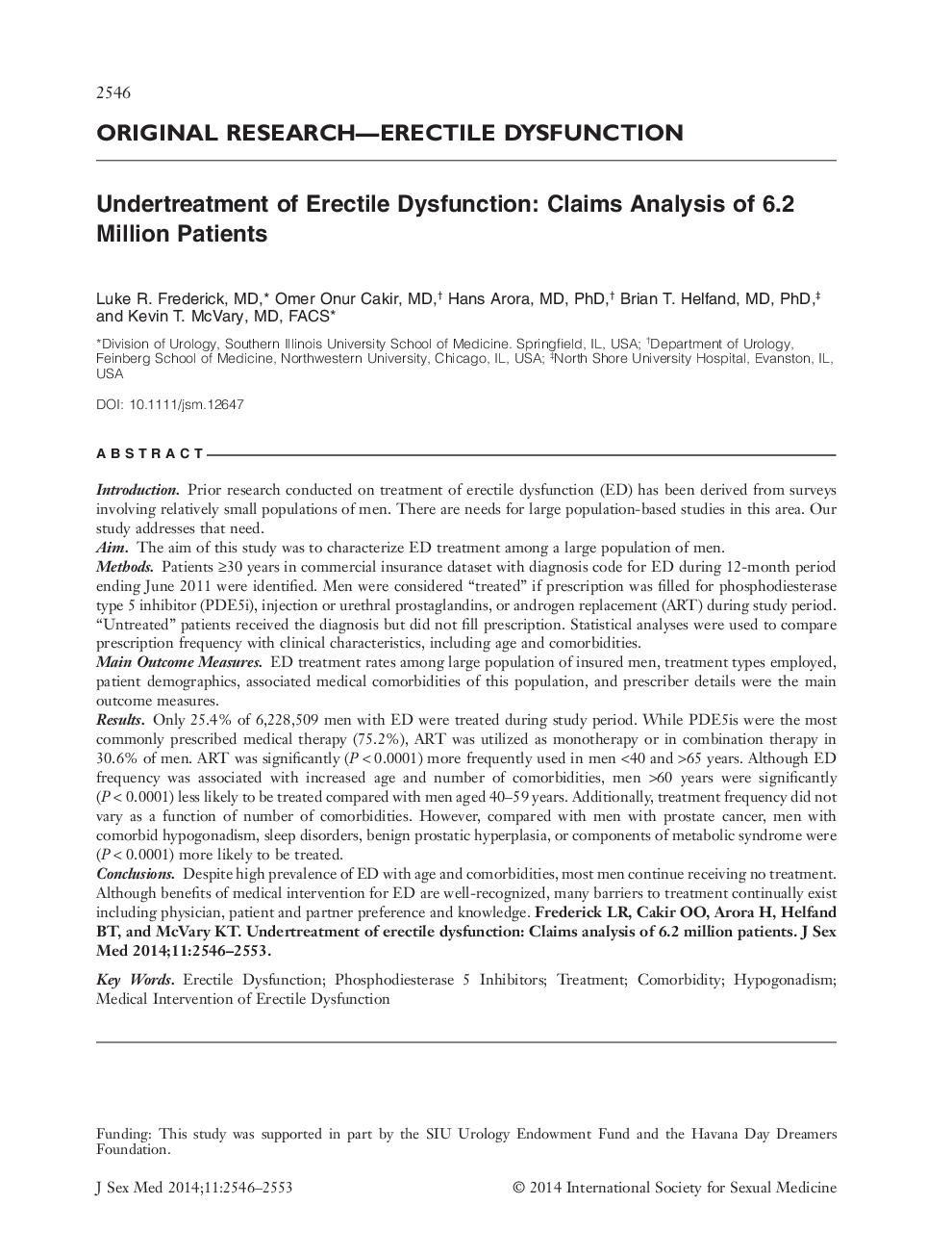 Undertreatment of Erectile Dysfunction: Claims Analysis of 6.2 Million Patients