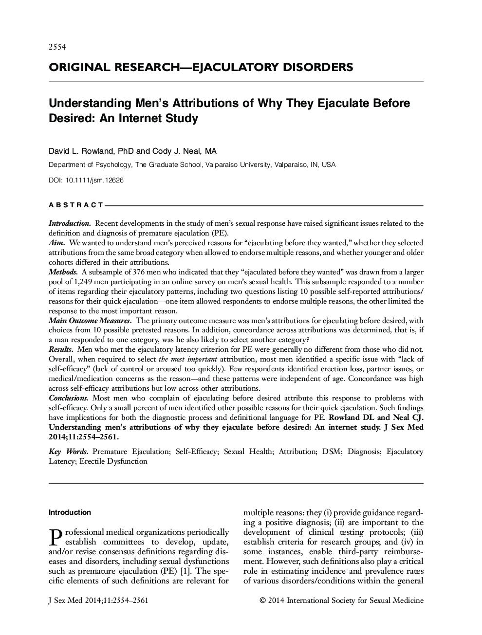 Understanding Men's Attributions of Why They Ejaculate Before Desired: An Internet Study