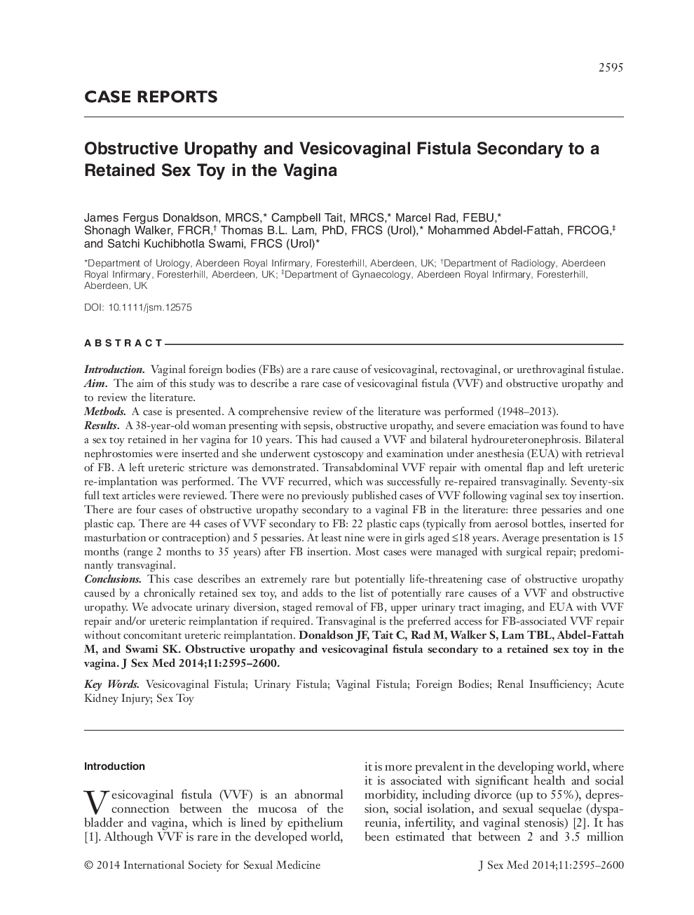 Obstructive Uropathy and Vesicovaginal Fistula Secondary to a Retained Sex Toy in the Vagina