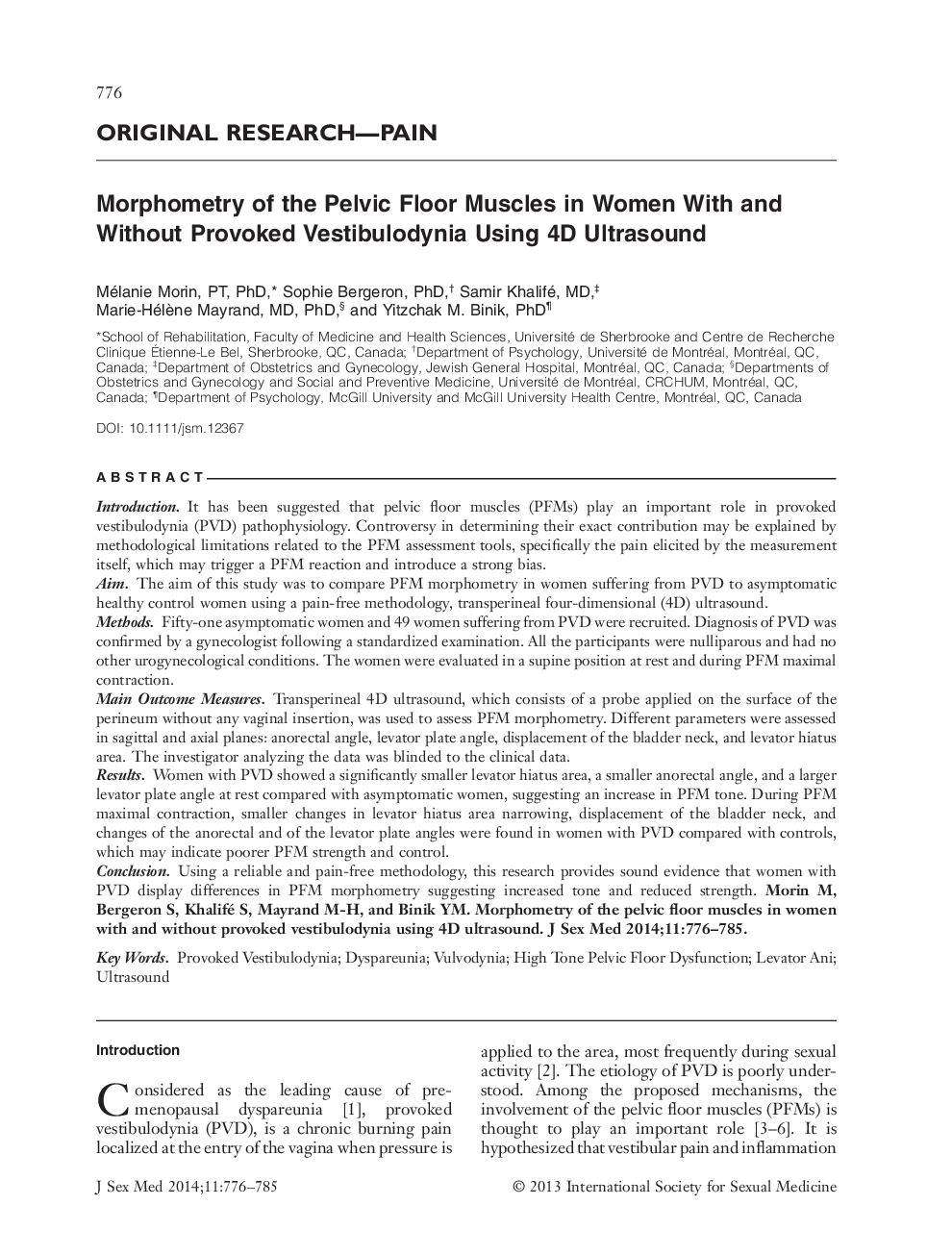 Morphometry of the Pelvic Floor Muscles in Women With and Without Provoked Vestibulodynia Using 4D Ultrasound
