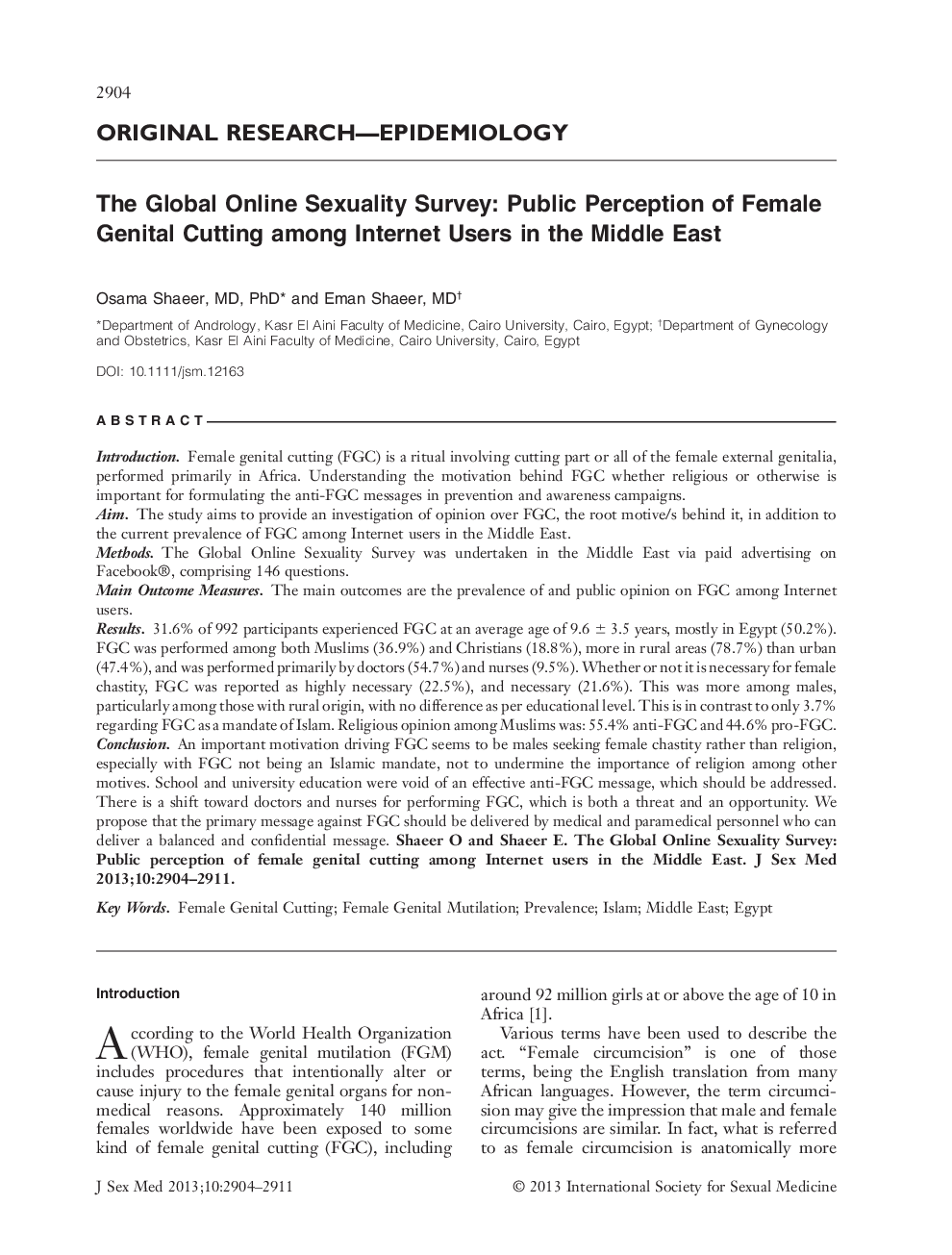 The Global Online Sexuality Survey: Public Perception of Female Genital Cutting among Internet Users in the Middle East 