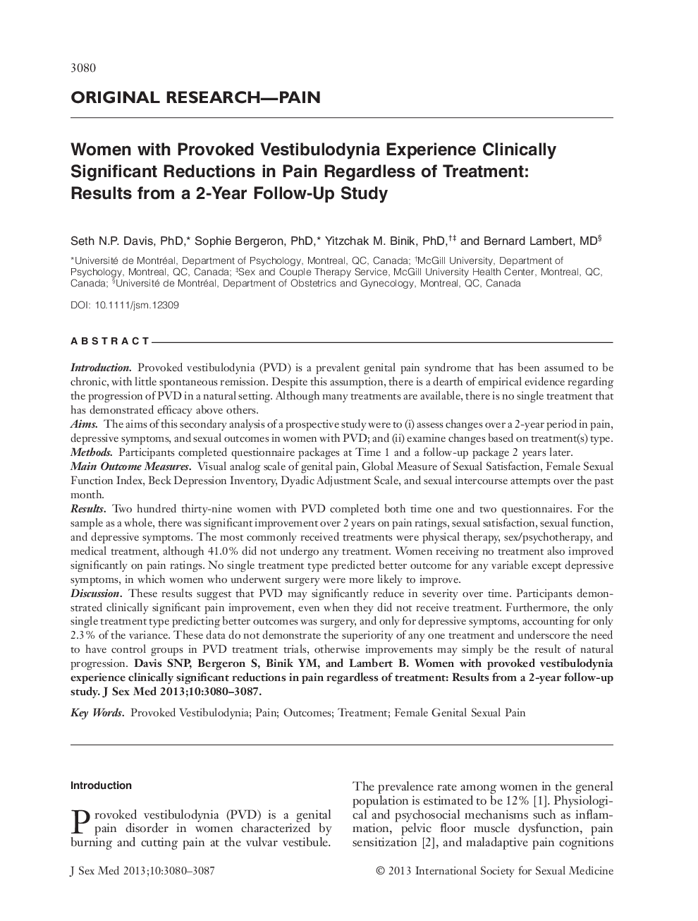 Women with Provoked Vestibulodynia Experience Clinically Significant Reductions in Pain Regardless of Treatment: Results from a 2‐Year Follow‐Up Study 