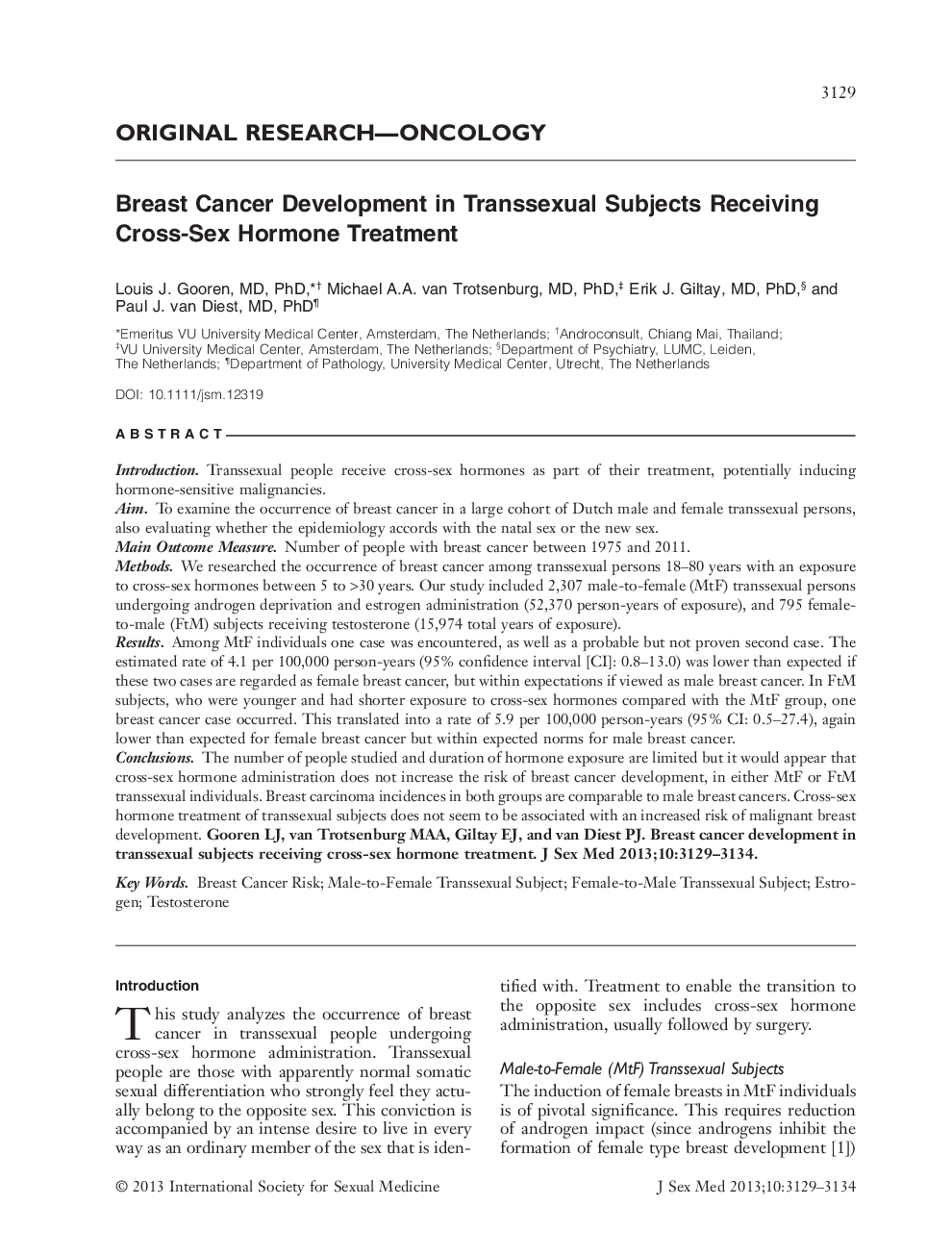 Breast Cancer Development in Transsexual Subjects Receiving Cross-Sex Hormone Treatment 