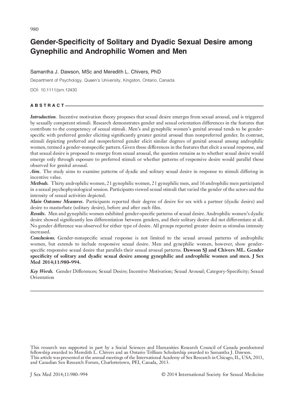 GenderâSpecificity of Solitary and Dyadic Sexual Desire among Gynephilic and Androphilic Women and Men