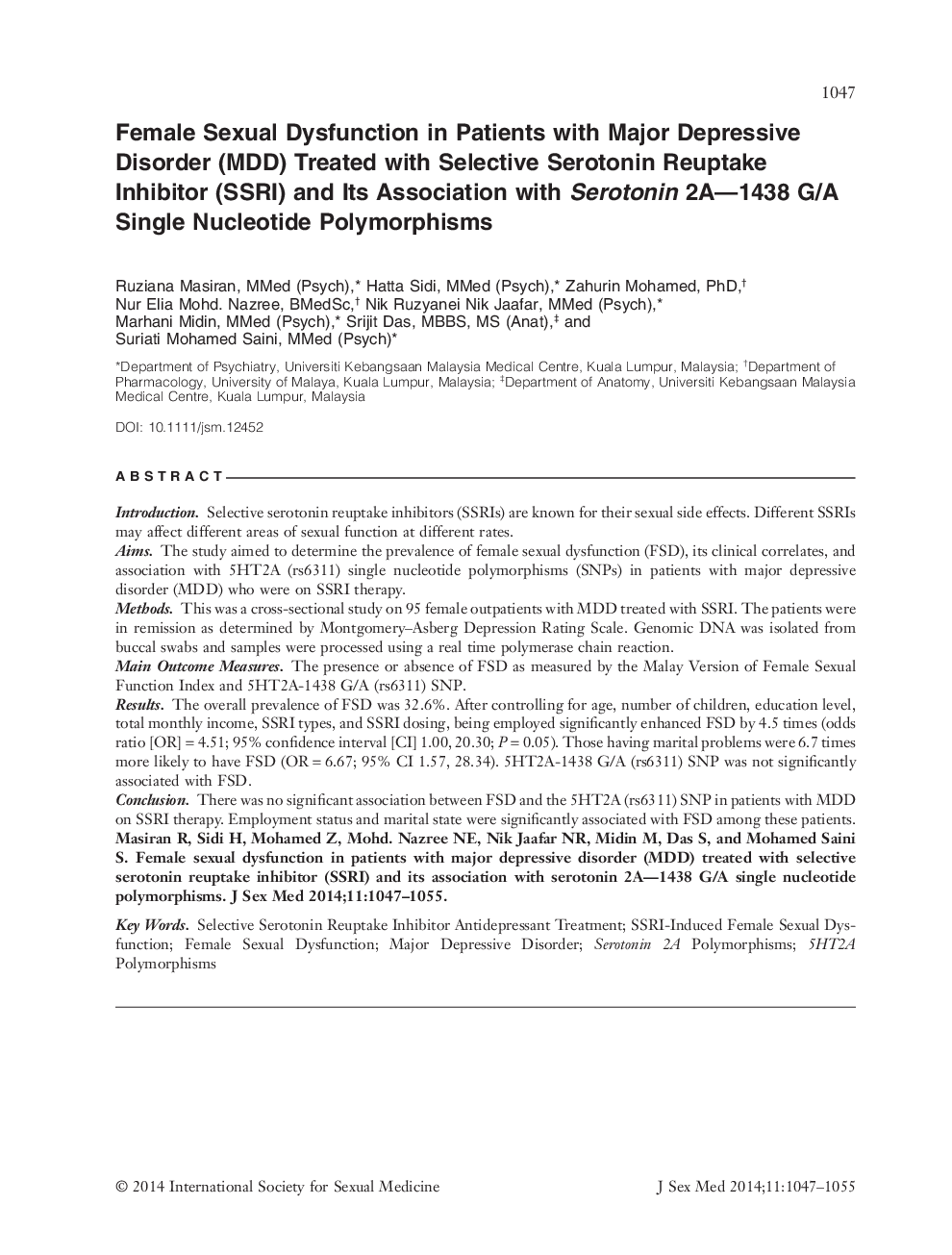 Female Sexual Dysfunction in Patients with Major Depressive Disorder (MDD) Treated with Selective Serotonin Reuptake Inhibitor (SSRI) and Its Association with Serotonin 2A-1438 G/A Single Nucleotide Polymorphisms