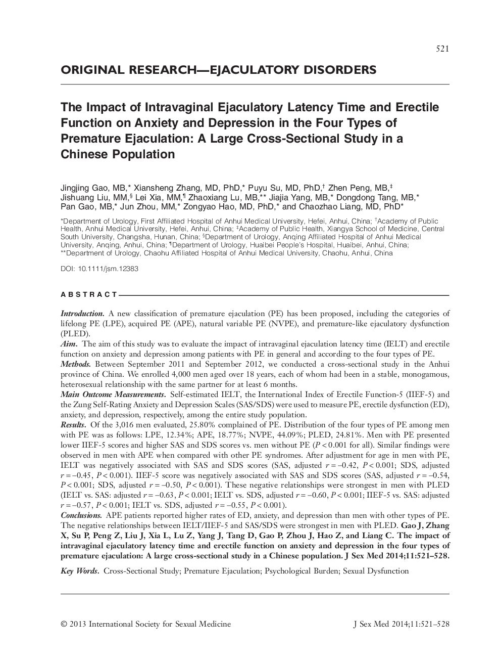 The Impact of Intravaginal Ejaculatory Latency Time and Erectile Function on Anxiety and Depression in the Four Types of Premature Ejaculation: A Large Cross‐Sectional Study in a Chinese Population 