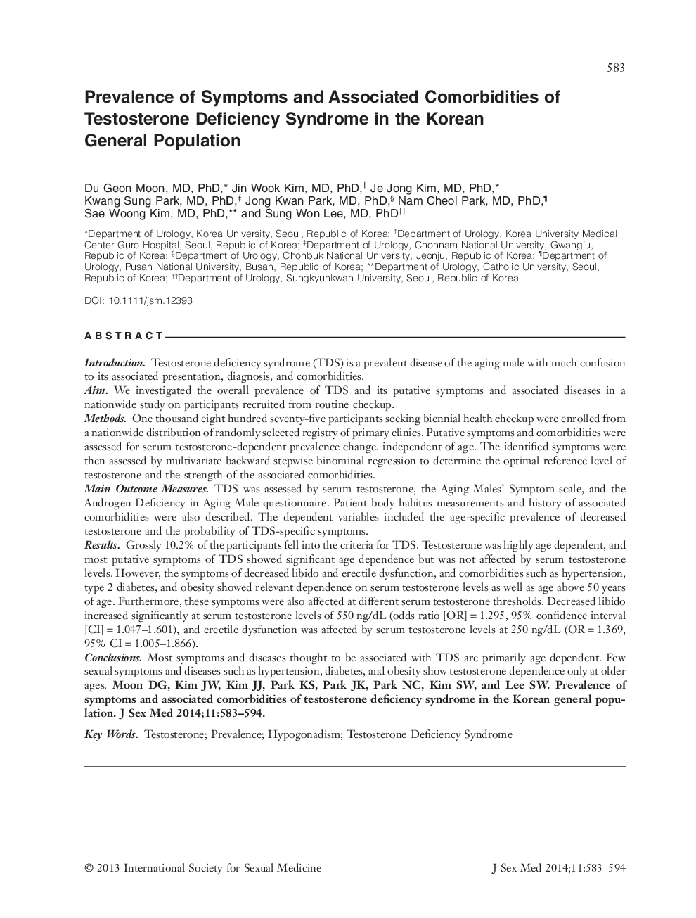 Prevalence of Symptoms and Associated Comorbidities of Testosterone Deficiency Syndrome in the Korean General Population 