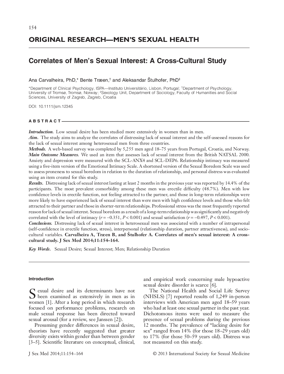 Correlates of Men's Sexual Interest: A Cross-Cultural Study 