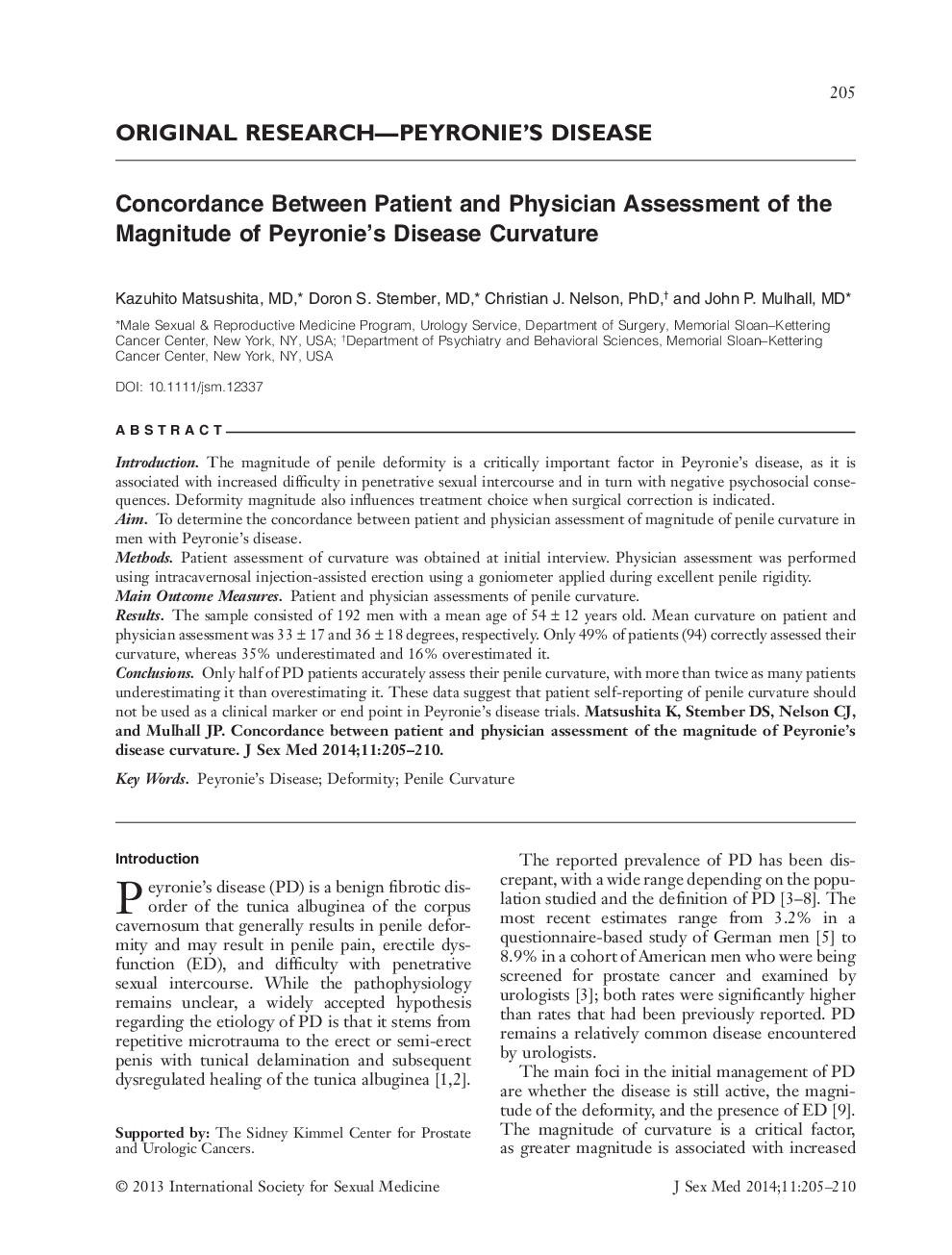 Concordance Between Patient and Physician Assessment of the Magnitude of Peyronie's Disease Curvature 