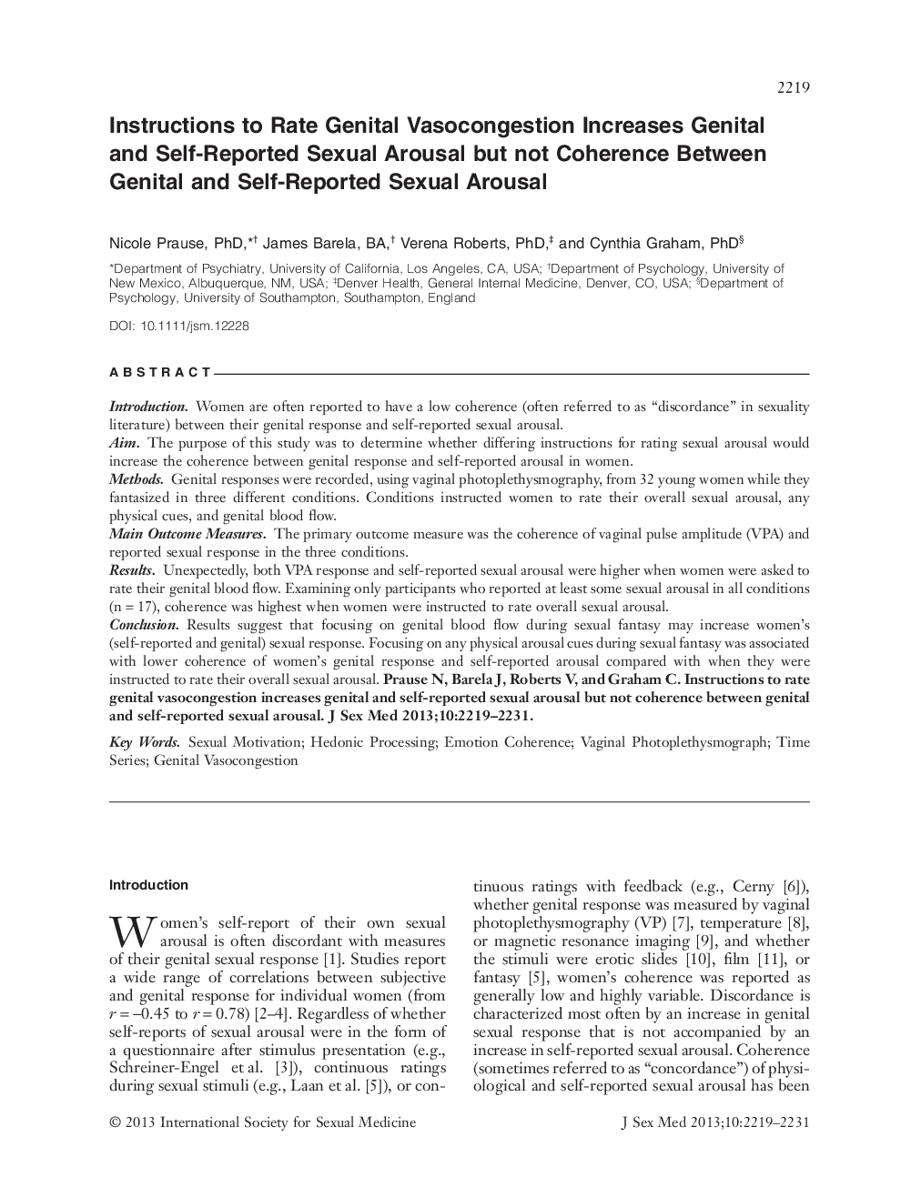 Instructions to Rate Genital Vasocongestion Increases Genital and Self-Reported Sexual Arousal but not Coherence Between Genital and Self-Reported Sexual Arousal 