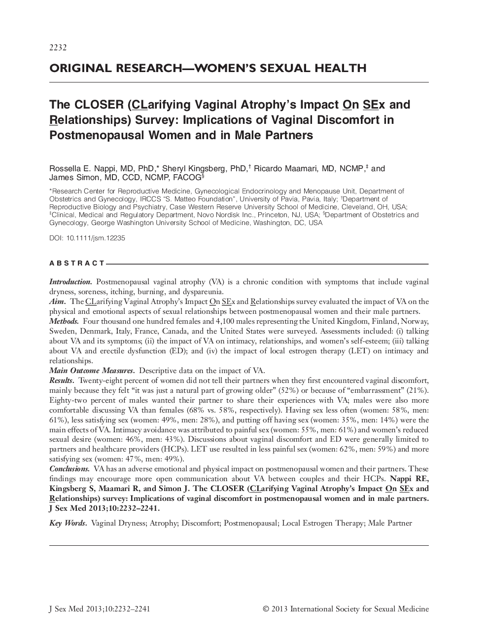 The CLOSER (CLarifying Vaginal Atrophy's Impact On SEx and Relationships) Survey: Implications of Vaginal Discomfort in Postmenopausal Women and in Male Partners