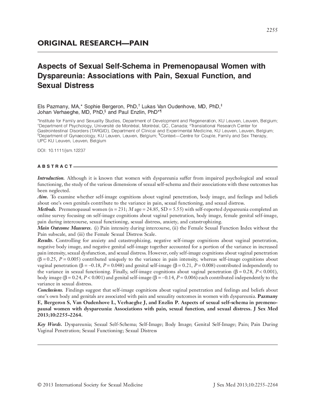 Aspects of Sexual Self-Schema in Premenopausal Women with Dyspareunia: Associations with Pain, Sexual Function, and Sexual Distress 