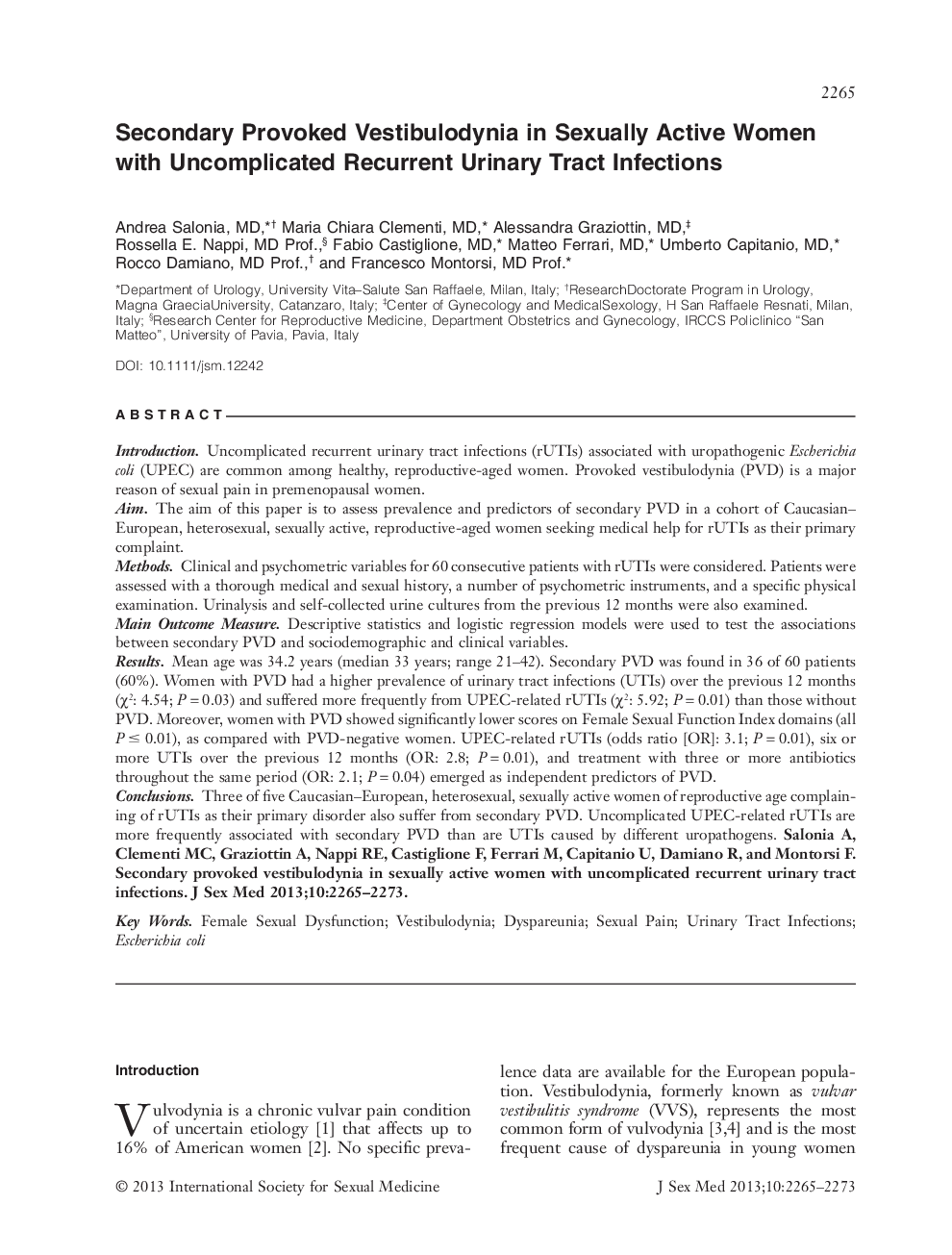 Secondary Provoked Vestibulodynia in Sexually Active Women with Uncomplicated Recurrent Urinary Tract Infections 