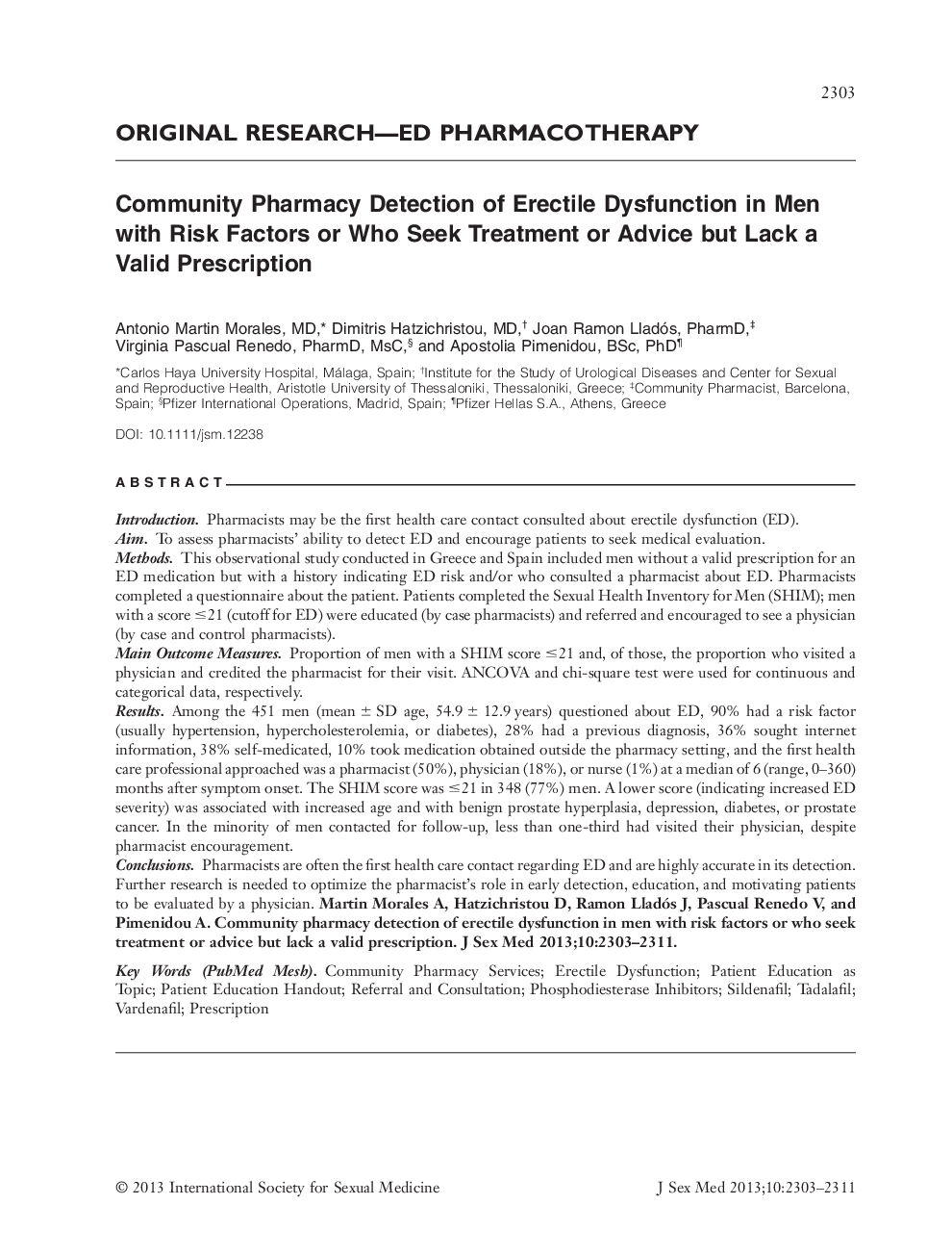 Community Pharmacy Detection of Erectile Dysfunction in Men with Risk Factors or Who Seek Treatment or Advice but Lack a Valid Prescription