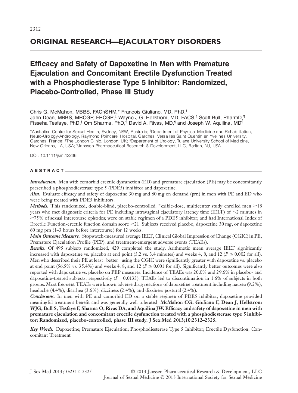 Efficacy and Safety of Dapoxetine in Men with Premature Ejaculation and Concomitant Erectile Dysfunction Treated with a Phosphodiesterase Type 5 Inhibitor: Randomized, Placebo-Controlled, Phase III Study