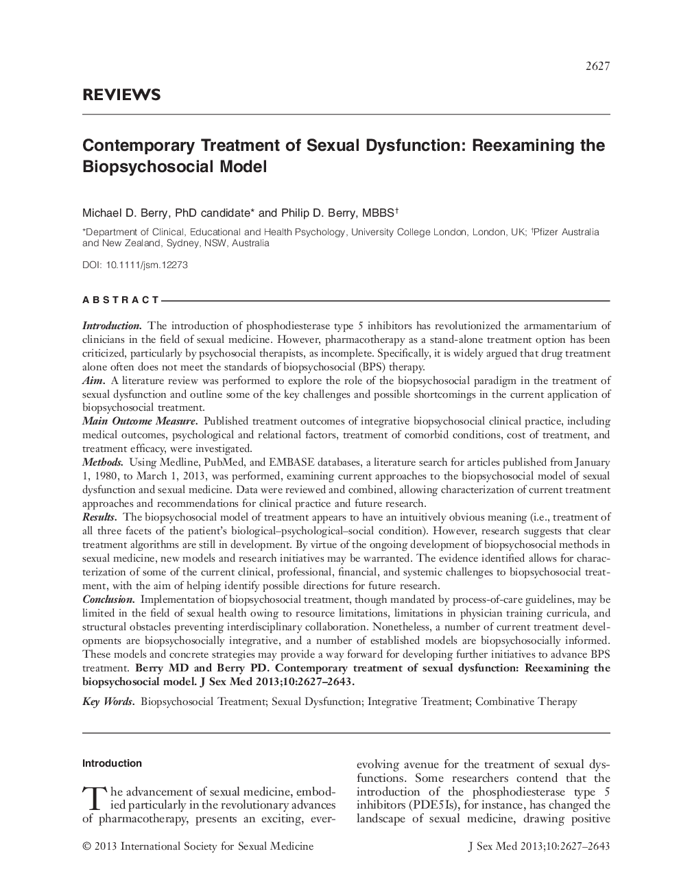 Contemporary Treatment of Sexual Dysfunction: Reexamining the Biopsychosocial Model