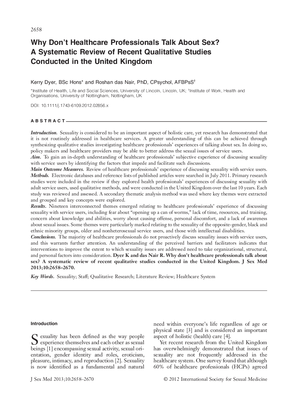 Why Don't Healthcare Professionals Talk About Sex? A Systematic Review of Recent Qualitative Studies Conducted in the United Kingdom 