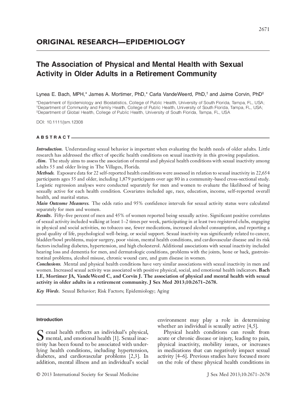 The Association of Physical and Mental Health with Sexual Activity in Older Adults in a Retirement Community 