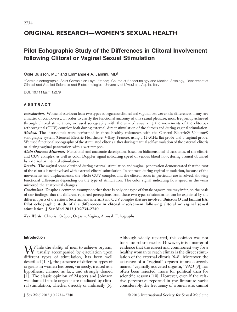 Pilot Echographic Study of the Differences in Clitoral Involvement following Clitoral or Vaginal Sexual Stimulation