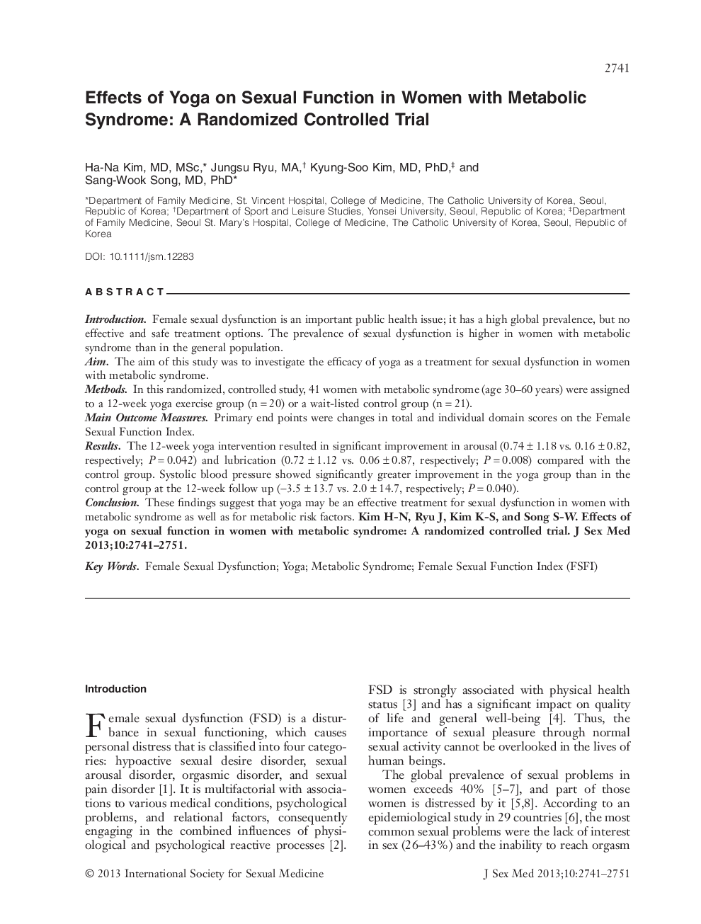 Effects of Yoga on Sexual Function in Women with Metabolic Syndrome: A Randomized Controlled Trial 