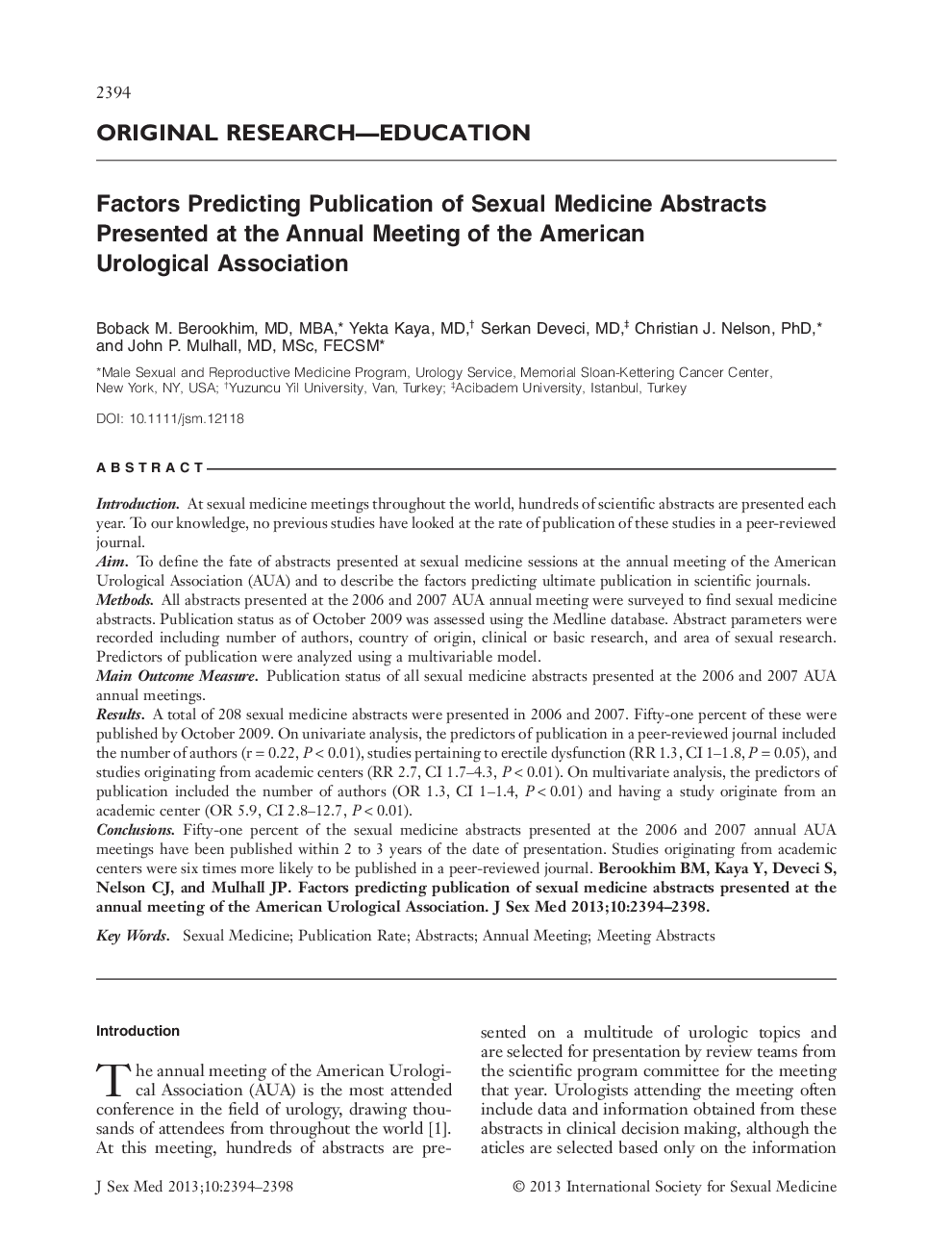 Factors Predicting Publication of Sexual Medicine Abstracts Presented at the Annual Meeting of the American Urological Association