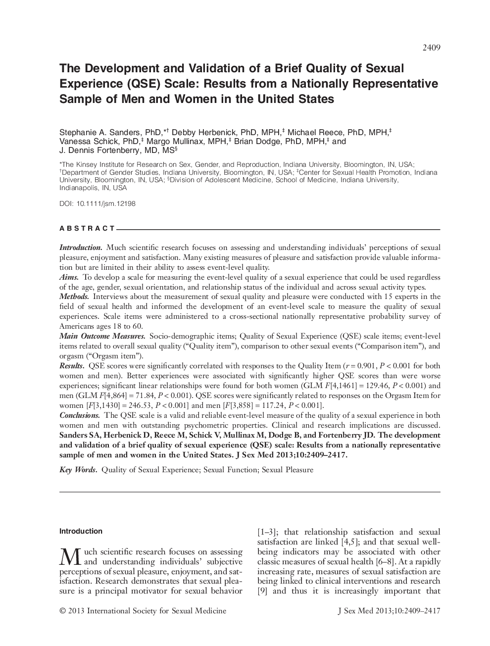 عکس صفحه اول مقاله: The Development and Validation of a Brief Quality of Sexual Experience (QSE) Scale: Results from a Nationally Representative Sample of Men and Women in the United States The Development and Validation of a Brief Quality of Sexual Experience (QSE) Scale: Results from a Nationally Representative Sample of Men and Women in the United States