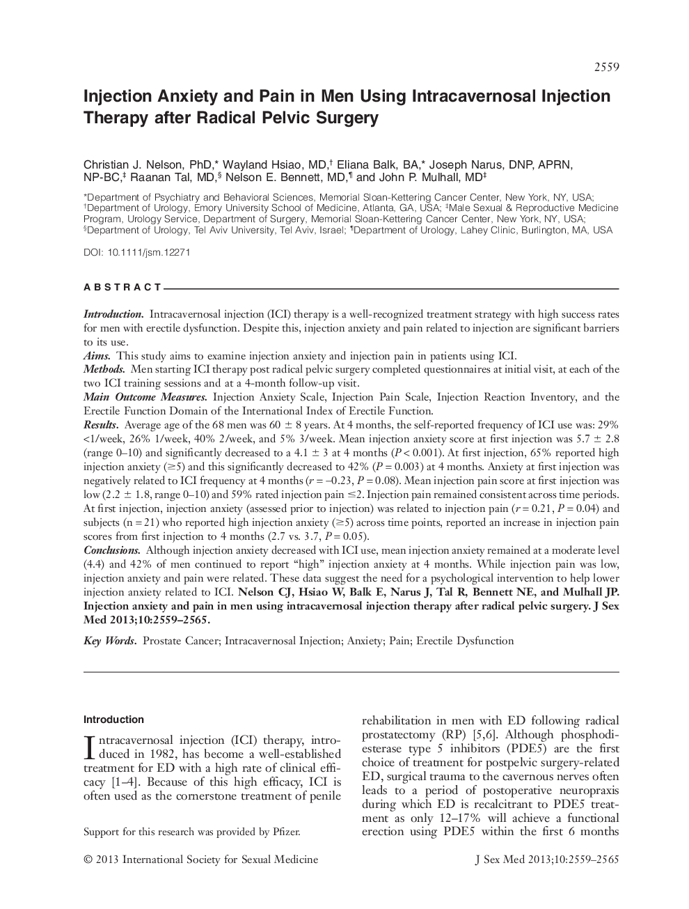 Injection Anxiety and Pain in Men Using Intracavernosal Injection Therapy after Radical Pelvic Surgery