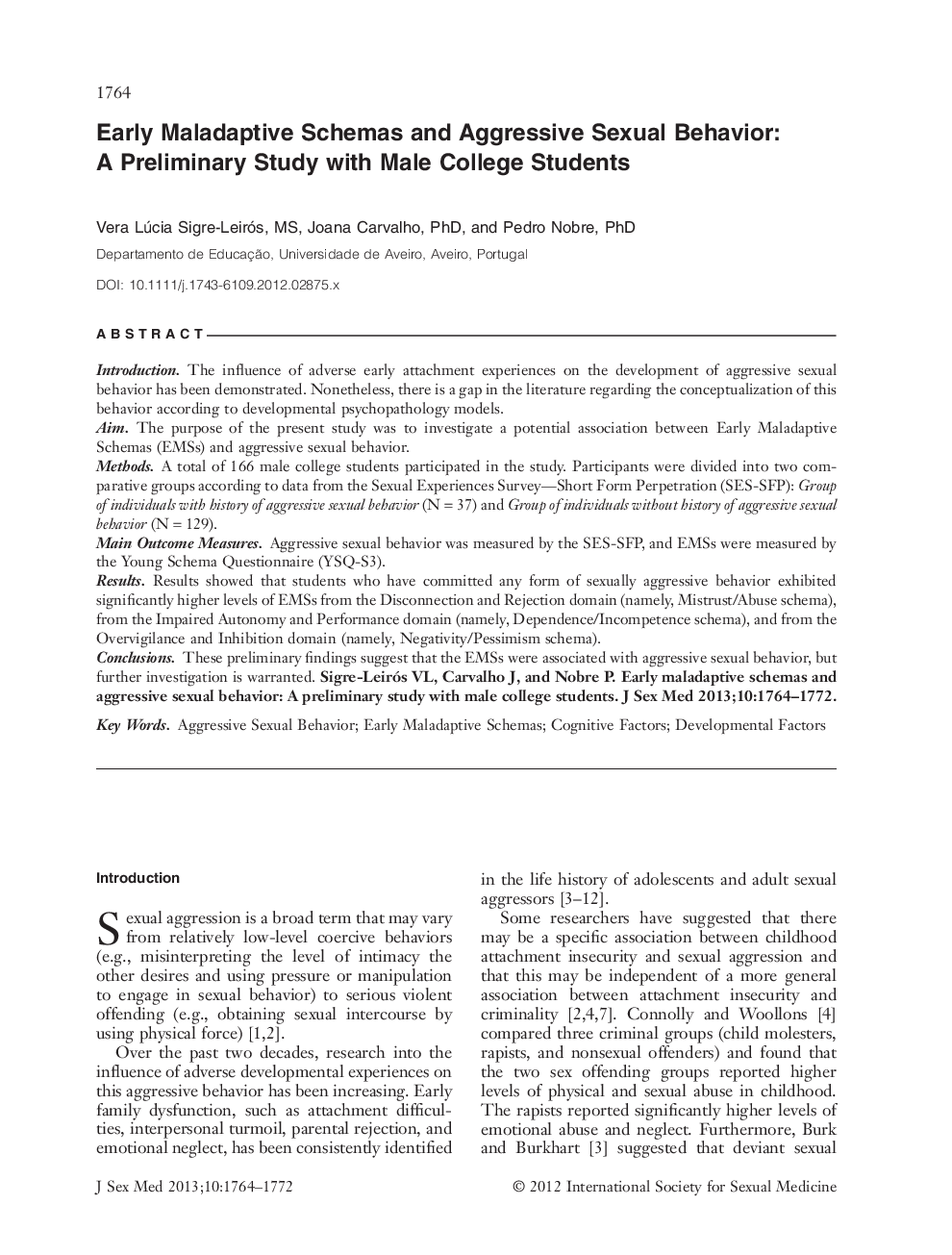 Early Maladaptive Schemas and Aggressive Sexual Behavior: A Preliminary Study with Male College Students