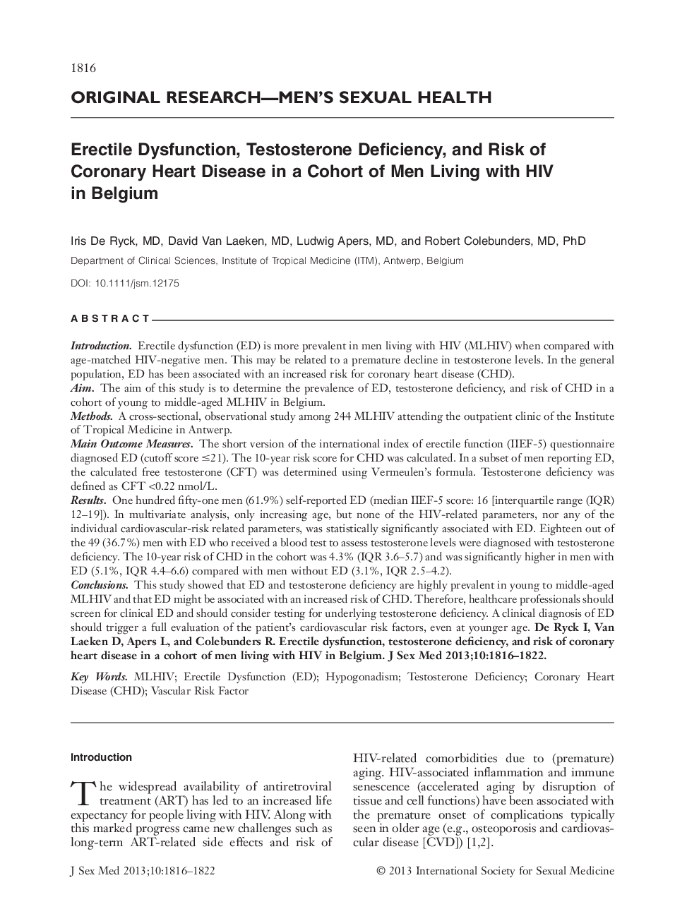 Erectile Dysfunction, Testosterone Deficiency, and Risk of Coronary Heart Disease in a Cohort of Men Living with HIV in Belgium 