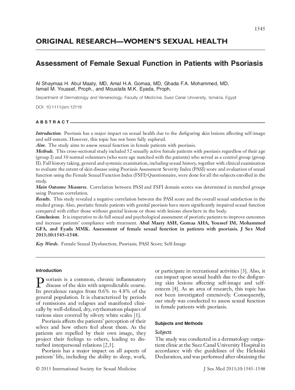 Assessment of Female Sexual Function in Patients with Psoriasis