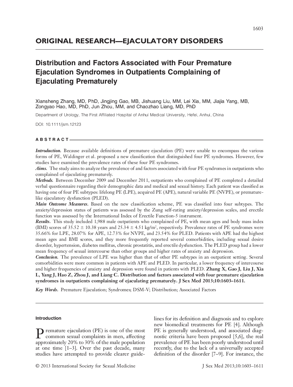 Distribution and Factors Associated with Four Premature Ejaculation Syndromes in Outpatients Complaining of Ejaculating Prematurely