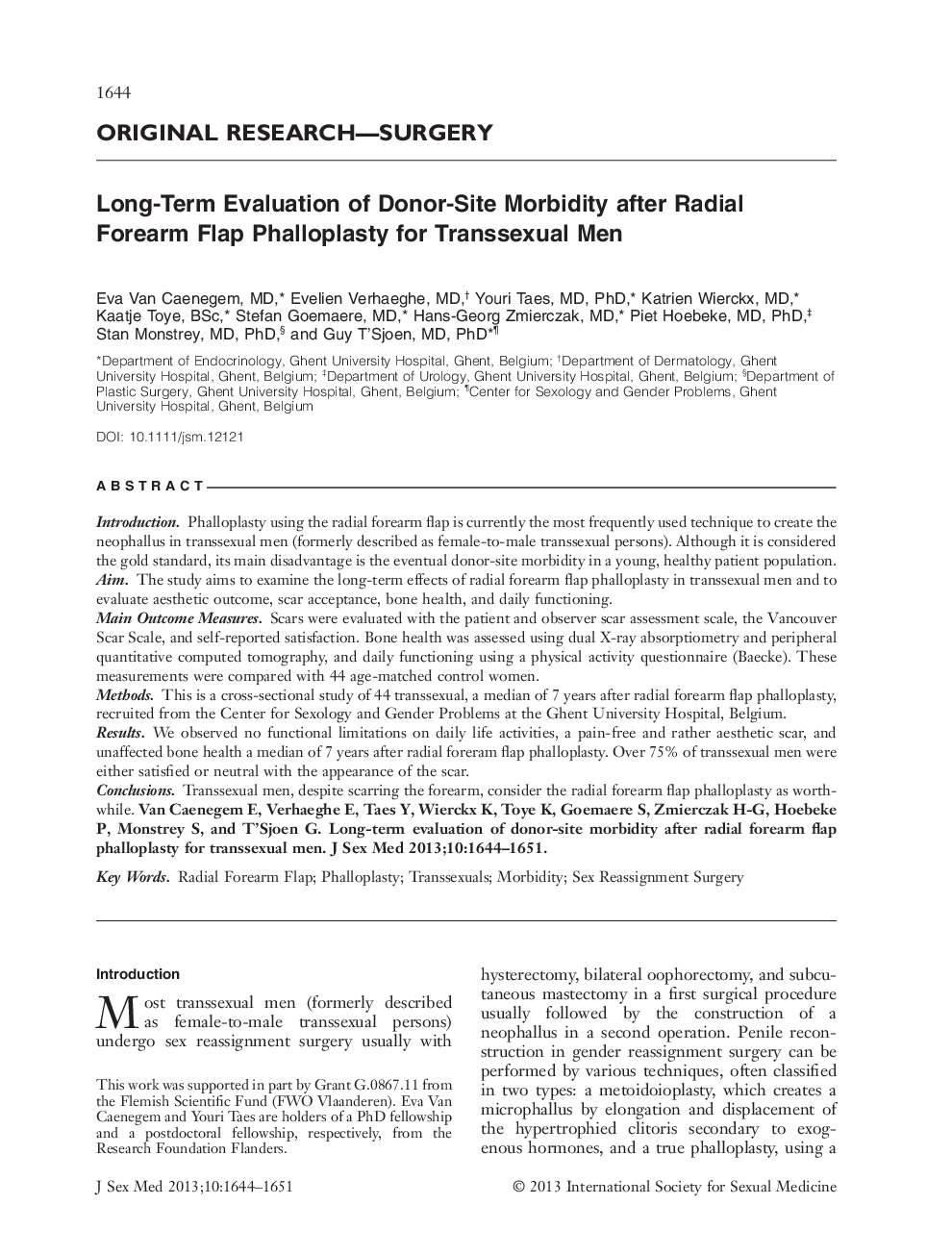 LongâTerm Evaluation of DonorâSite Morbidity after Radial Forearm Flap Phalloplasty for Transsexual Men