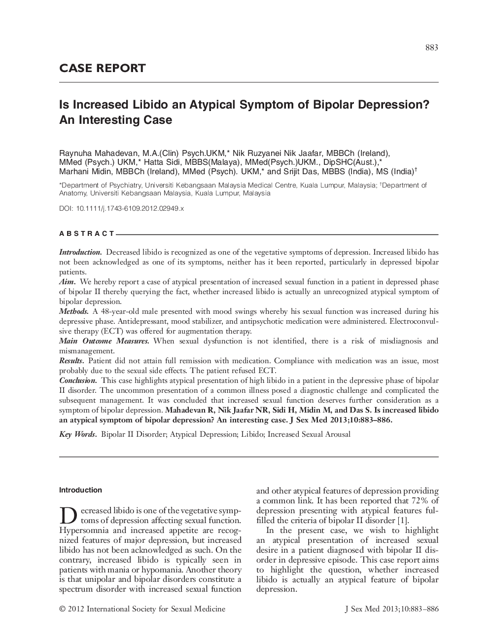 Is Increased Libido an Atypical Symptom of Bipolar Depression? An Interesting Case