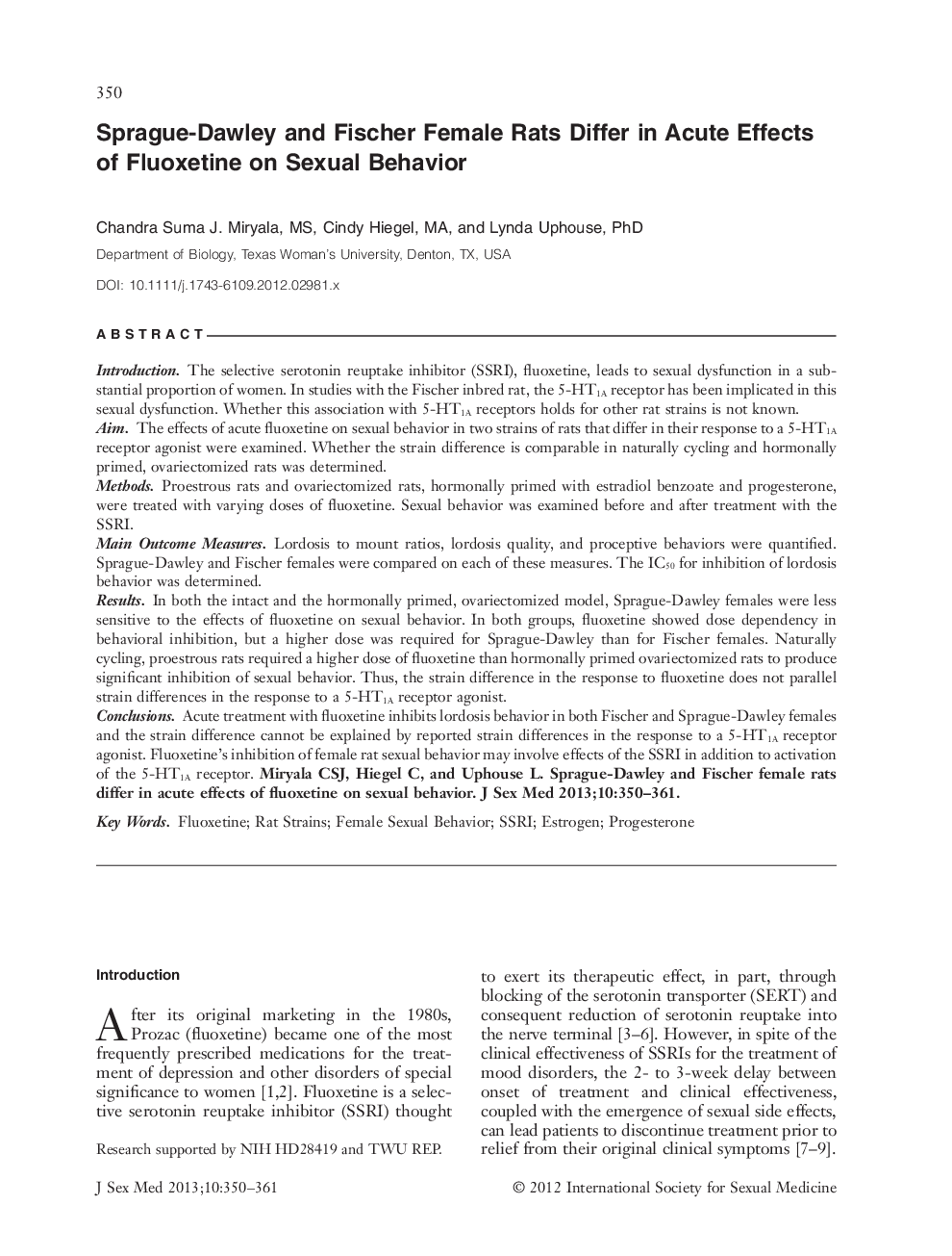 Sprague‐Dawley and Fischer Female Rats Differ in Acute Effects of Fluoxetine on Sexual Behavior