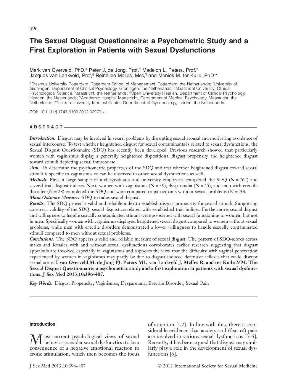 The Sexual Disgust Questionnaire; a Psychometric Study and a First Exploration in Patients with Sexual Dysfunctions