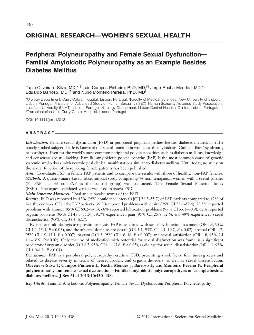 Peripheral Polyneuropathy and Female Sexual Dysfunction-Familial Amyloidotic Polyneuropathy as an Example Besides Diabetes Mellitus