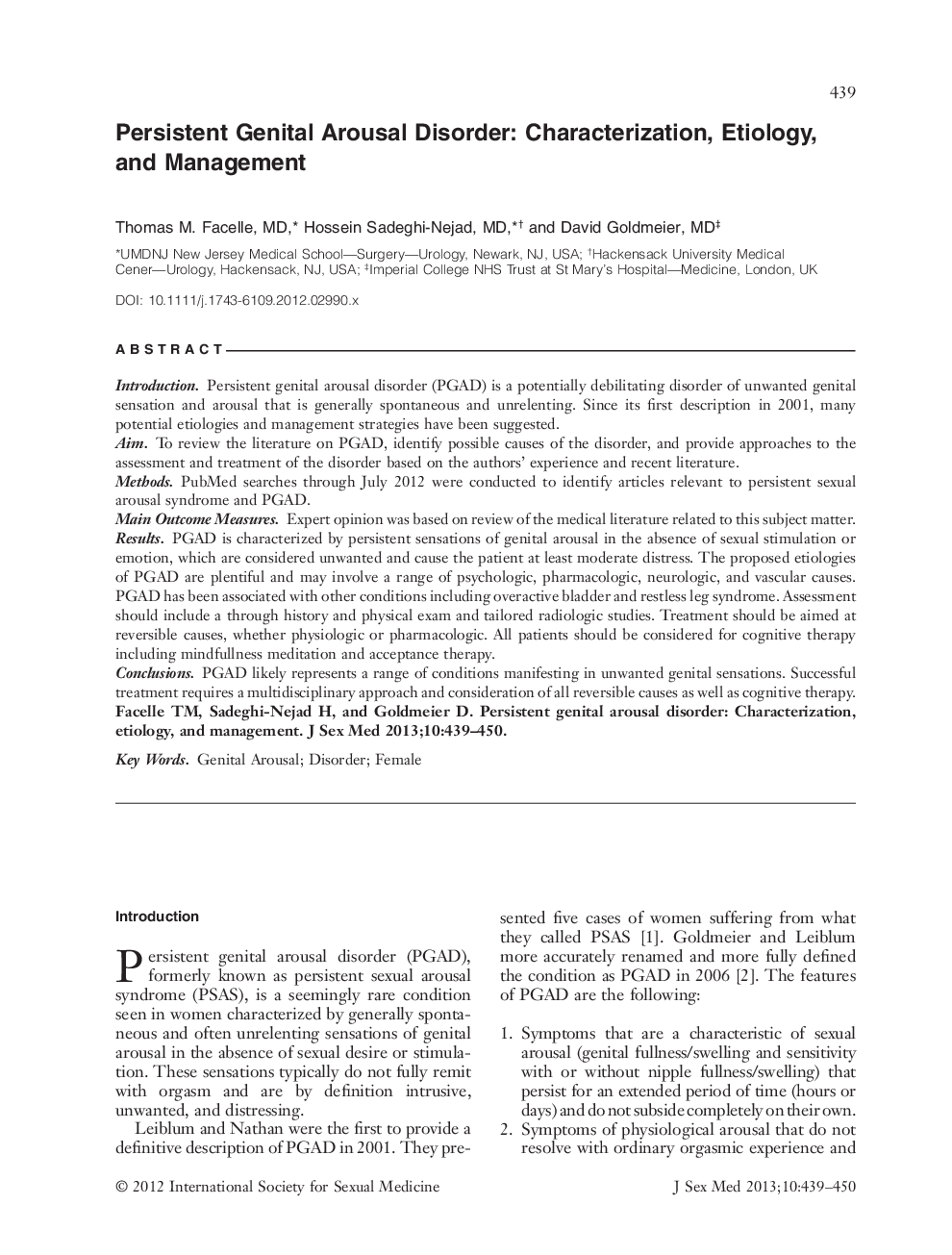 Persistent Genital Arousal Disorder: Characterization, Etiology, and Management