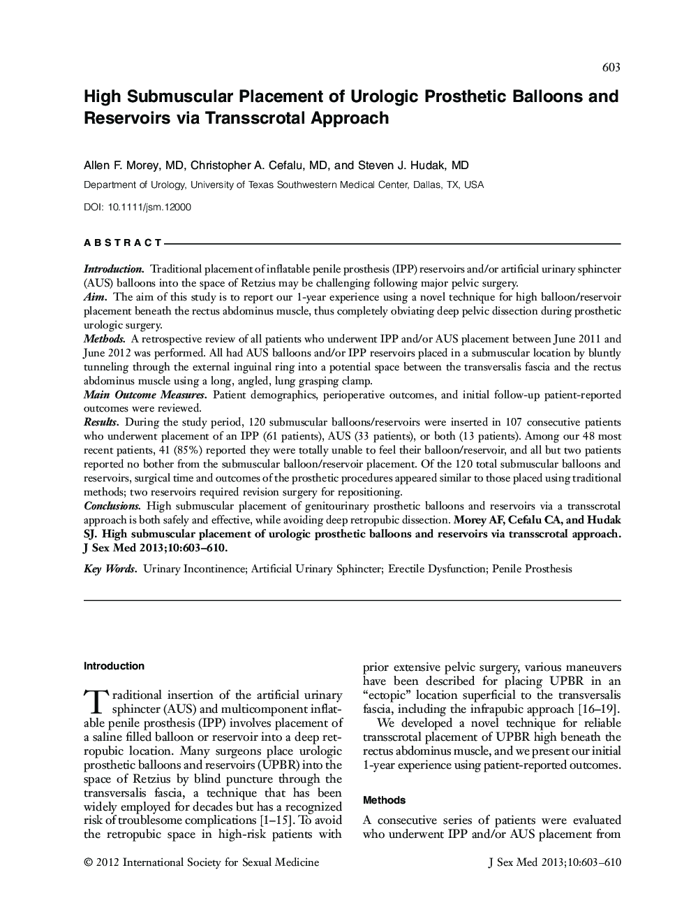 High Submuscular Placement of Urologic Prosthetic Balloons and Reservoirs via Transscrotal Approach