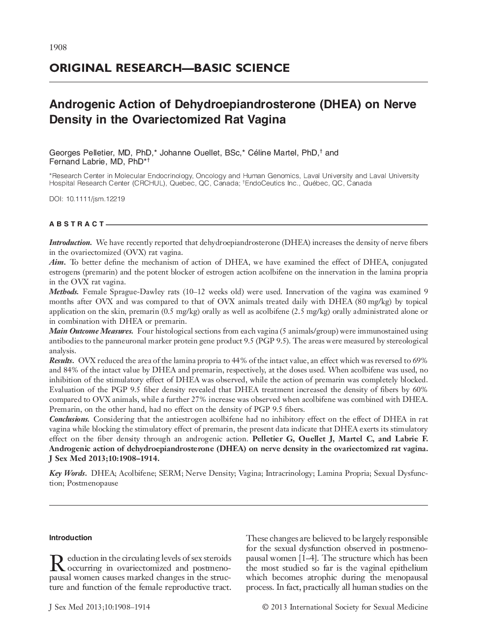 Androgenic Action of Dehydroepiandrosterone (DHEA) on Nerve Density in the Ovariectomized Rat Vagina