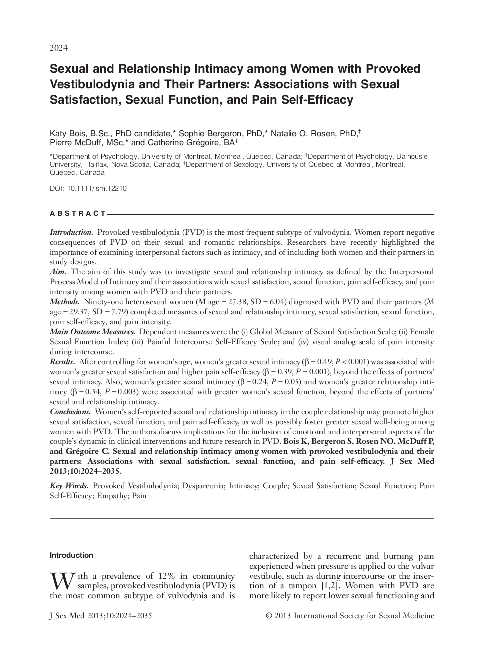 Sexual and Relationship Intimacy among Women with Provoked Vestibulodynia and Their Partners: Associations with Sexual Satisfaction, Sexual Function, and Pain Self‐Efficacy