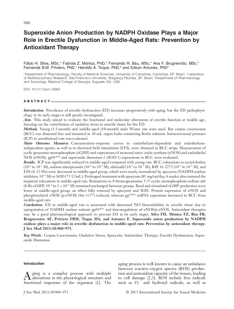 Superoxide Anion Production by NADPH Oxidase Plays a Major Role in Erectile Dysfunction in MiddleâAged Rats: Prevention by Antioxidant Therapy