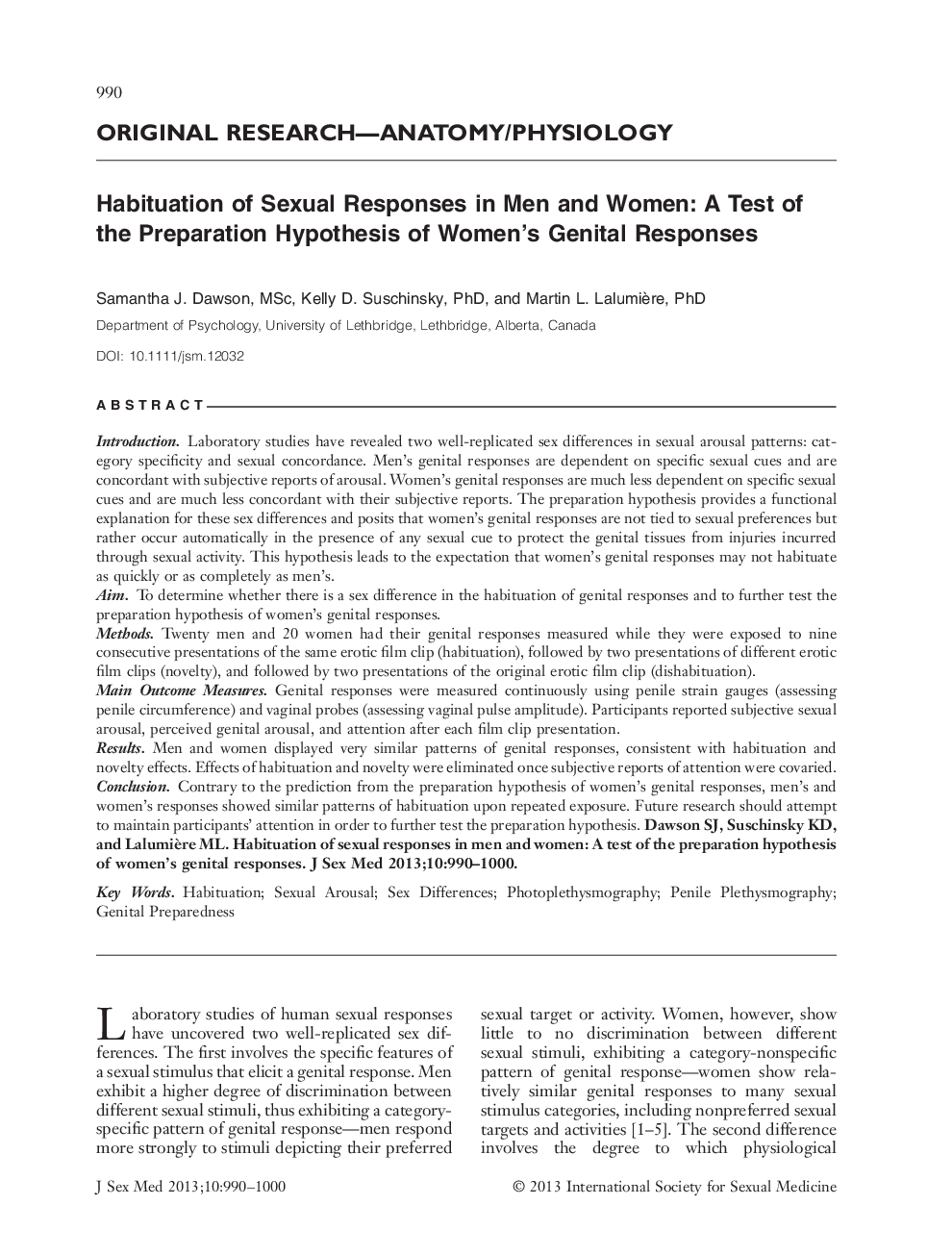 Habituation of Sexual Responses in Men and Women: A Test of the Preparation Hypothesis of Women's Genital Responses